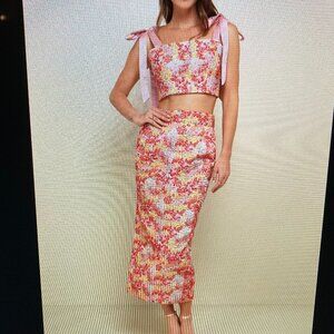 Lulus Pink Multi Metallic Tie-Strap Two-Piece Jacquard Midi Dress Women Size M